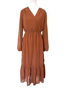Kirundo Rust Brown Swiss Dot Faux Wrap Midi Long Sleeve Dress Size S